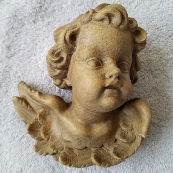Vintage Other - Stunning detailed carved wood cherub baby head